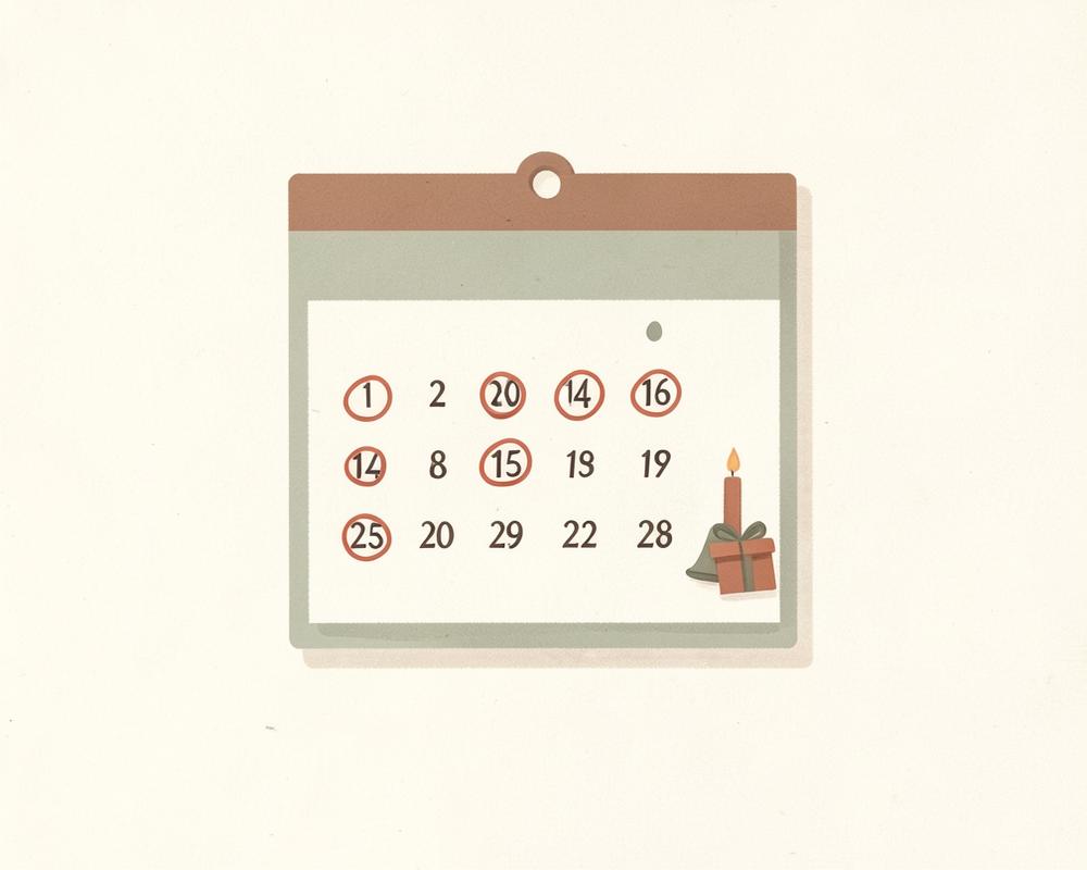 Wall calendar with dates circled and a small gift beside it