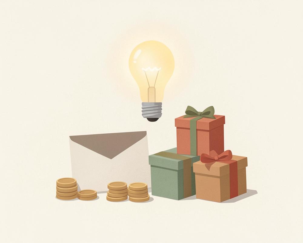 Envelope of coins beside wrapped gifts with a glowing lightbulb