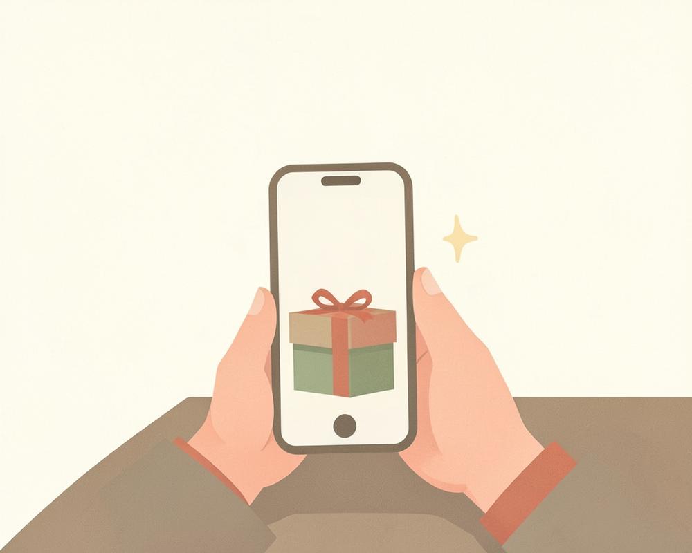 Hands holding a phone photographing a wrapped gift